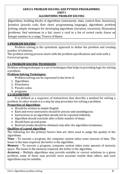 Unit 1 GE8151 PSPP 2021 GE8151 PROBLEM SOLVING AND PYTHON