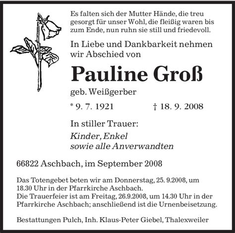 Traueranzeigen Von Pauline Gro Saarbruecker Zeitung Trauer De