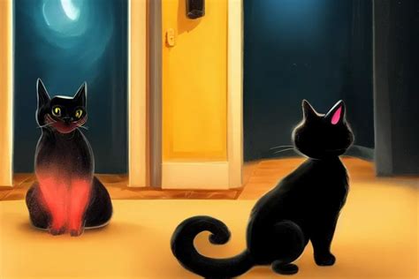 Meowing Black Cat Sitting Next To A Glowing Doorway Stable Diffusion