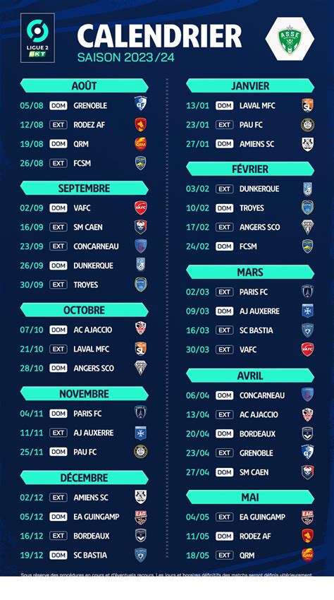 Ligue Le Calendrier Complet De L Asse Pour La Saison