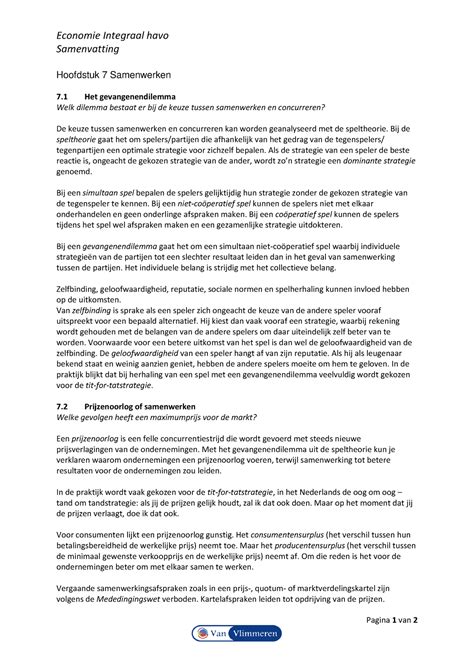 Economie Integraal Havo Samenvatting Hoofdstuk 7 2de Economie