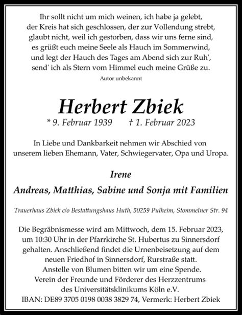 Traueranzeigen Von Herbert Zbiek WirTrauern