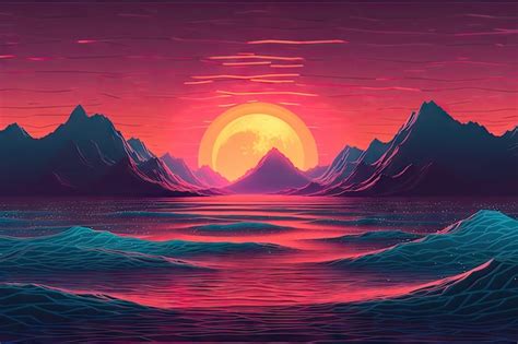 Premium Photo Sunset Over The Lake Retro Background With Laser Grid