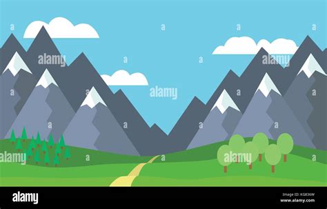 Panoramic Cartoon Mountain Landscape With Blue Sky And White Clouds