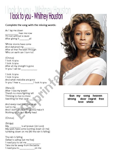 I look to you - Whitney Houston - ESL worksheet by heloribeiro