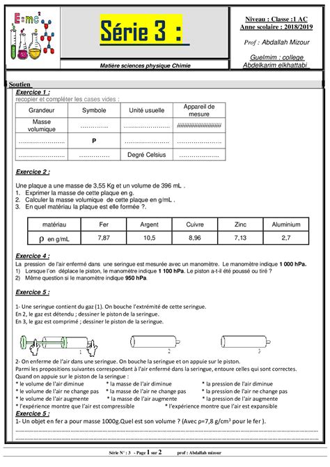 La Masse Volumique S Rie D Exercices Non Corrig S Alloschool