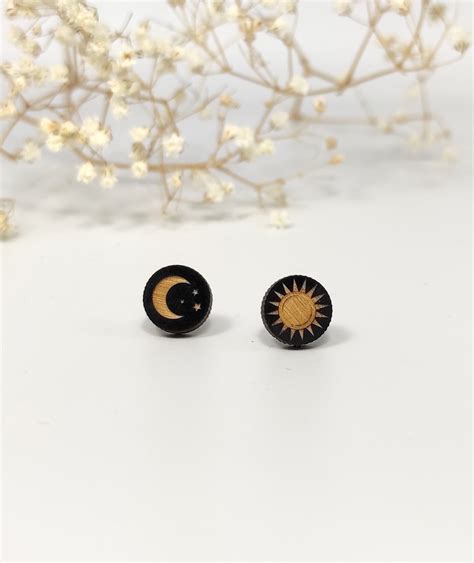 Sun And Moon Stud Earrings Hand Painted Wooden Jewelry Sun Etsy