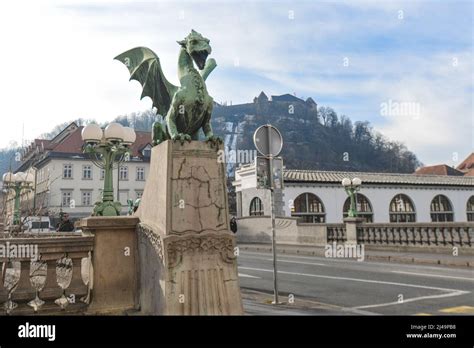 Ljubljana Dragon Bridge With The Castle On The Background Slovenia