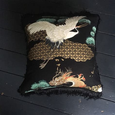 Japanese Red And Gold Crane Print Cushion Cover With Gold Etsy