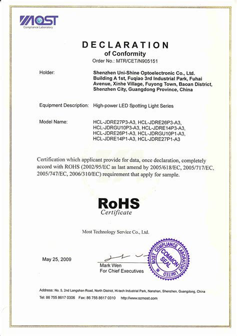 Rohs Compliance Certificate Template