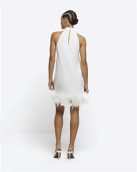 White Feather Hem Shift Mini Dress River Island