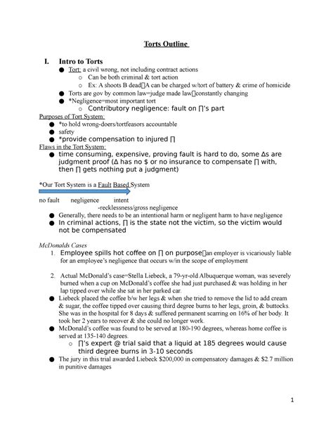 My Torts Outline I And Ii 2019 Full Torts Outline I Intro To Torts