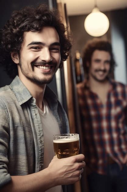 Premium Ai Image Portrait Of A Happy Young Man Holding A Beer At His