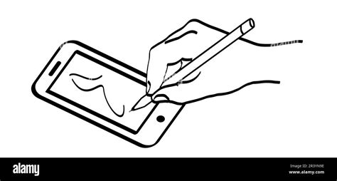 drawing on a smart phone. Cartoon drawing hand holding a stylus drawing ...