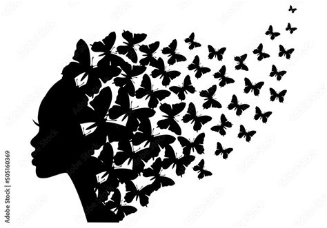 Black Woman Silhouette With Flying Butterflies Vector Illustration