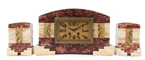 French Art Deco Mantle Clock Set Rouge Marble Circa 1925 Clocks