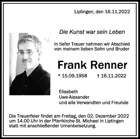 Traueranzeigen Von Frank Renner Schwaebische De Trauerportal