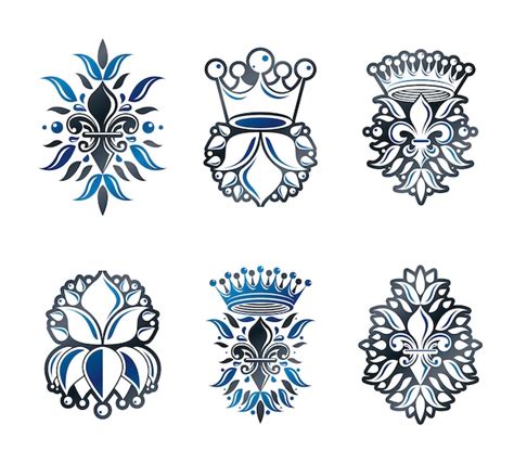 Lily Flowers Royal symbolen, bloemen en kronen, emblemen set. Heraldische wapenschild ...