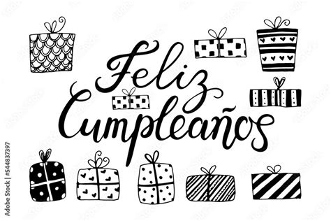 Feliz Cumpleanos Happy Birthday In Spanish Language Handdrawing Lettering Vector Doodle