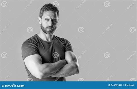 Mature Muscular Guy With Stubble Wear Tshirt Copy Space Mature