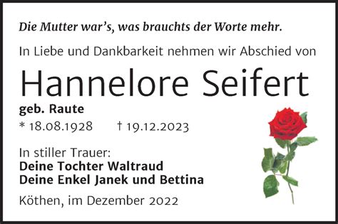 Traueranzeigen Von Hannelore Seifert Abschied Nehmen De