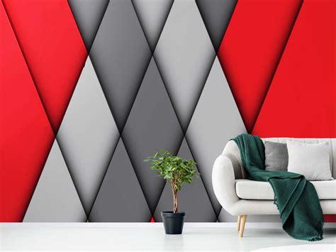 Geometric Red with Grey 3D Wallpaper | Modern Wall Covering ...