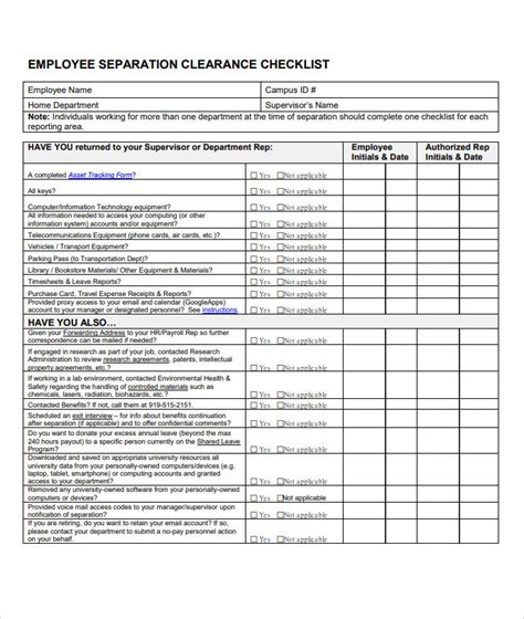 Employee Separation Clearance Checklist Form Templateral