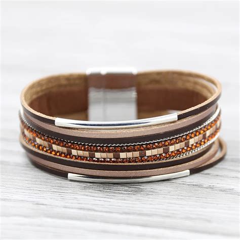 Многослойный браслет из кожи и нержавеющей стали винтажные стразы ...