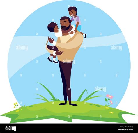 Afro Father With Sons Characters In The Field Vector Illustration