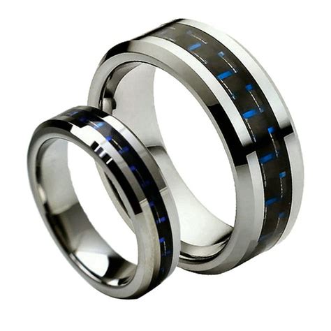 Ts With Thought Mens And Ladies 8mm6mm Tungsten Carbide With Blue Carbon Fiber Inlay