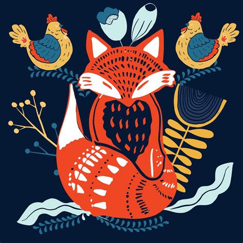 Scandinavian Folk Art Pattern With Foxes And Flowers Vector Art