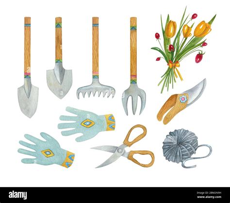 Watercolor Gardening Set Of Tools Bright Hand Painted Illustration Of