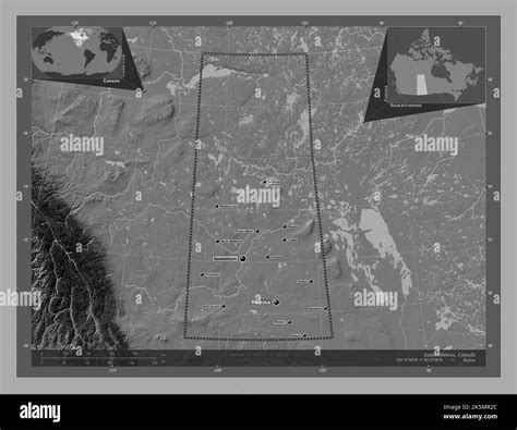 Saskatchewan, province of Canada. Bilevel elevation map with lakes and rivers. Locations and ...