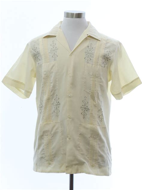 Retro 1970s Guayabera Shirt 70s Tony Mens Pale Yellow Polyester And