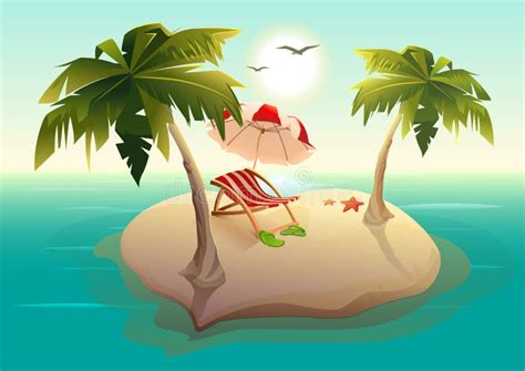 Tropical Island In Sea Palm Trees Sand Sun Lounger And Parasol Stock