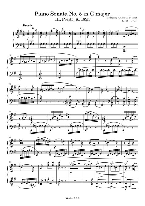 Iii Presto Piano Sonata No 5 In G Major K 189h W A Mozart Sheet Music For Piano Solo