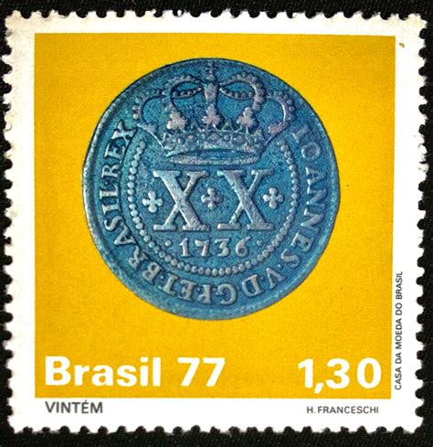 Moedas do Brasil Colonial Vintém Selos postais Selos Brasil