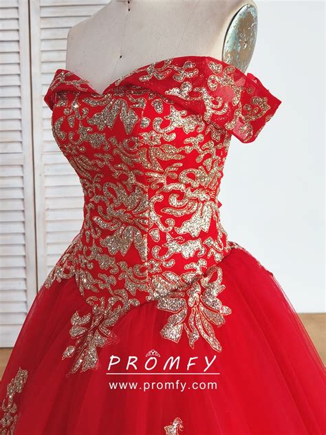 Promfy Gold Sequin Lace Appliqued Basque Waist Ball Gown