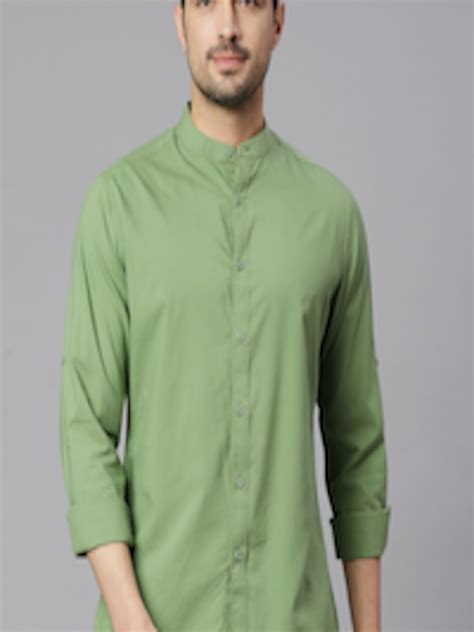 Buy Hereandnow Green Classic Slim Fit Mandarin Collar Roll Up Sleeves