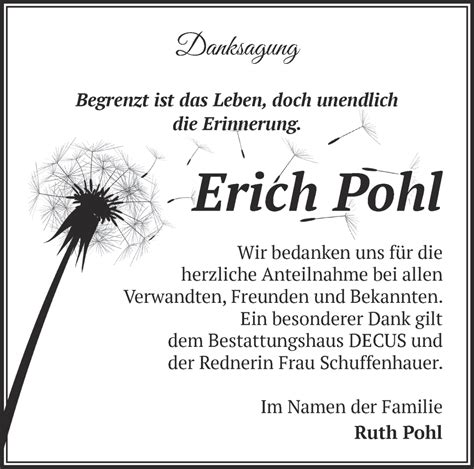 Traueranzeigen Von Erich Pohl M Rkische Onlinezeitung Trauerportal