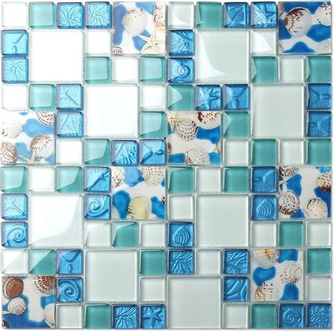 TST Mosaic Tiles Glass Conch Tiles Beach Style Sea Blue Glass Tile