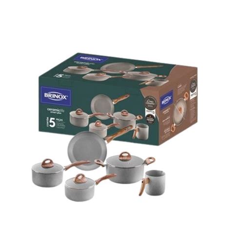 Jogo De Panela Frigideira Brinox Ceramic Life Cinza Kit Un Jogo De