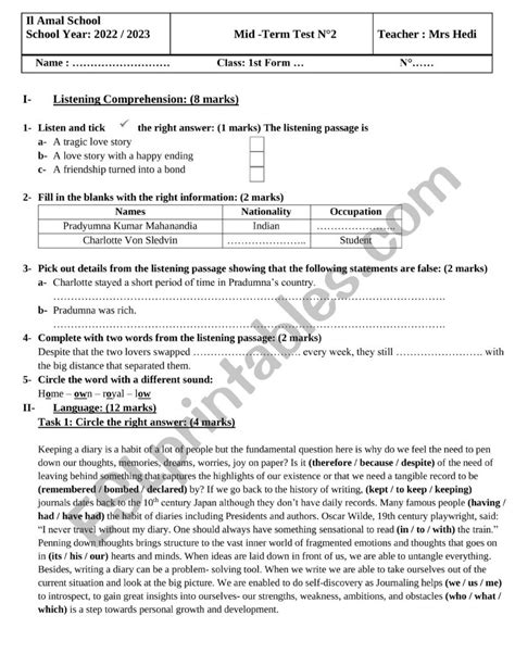 Mid Term Test 2 1st Form ESL Worksheet By Wasima