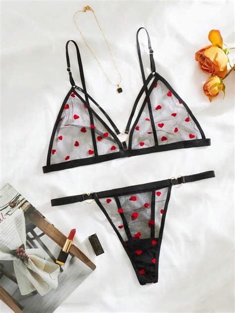 SHEIN Plus Heart Print Mesh Lingerie Set SHEIN EUR