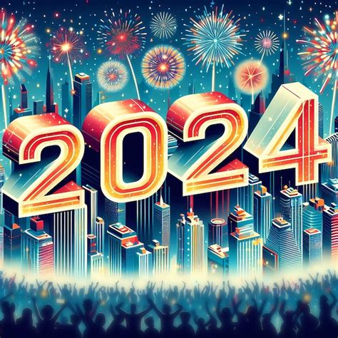 Número colorido do ano novo 2024 contra os fogos de artifício e a