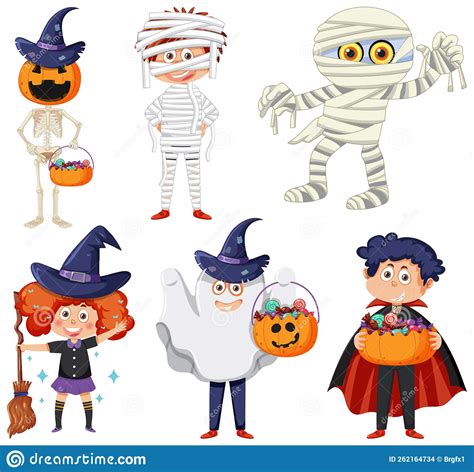 Set of Halloween Cartoon Characters and Elements Stock Vector ...