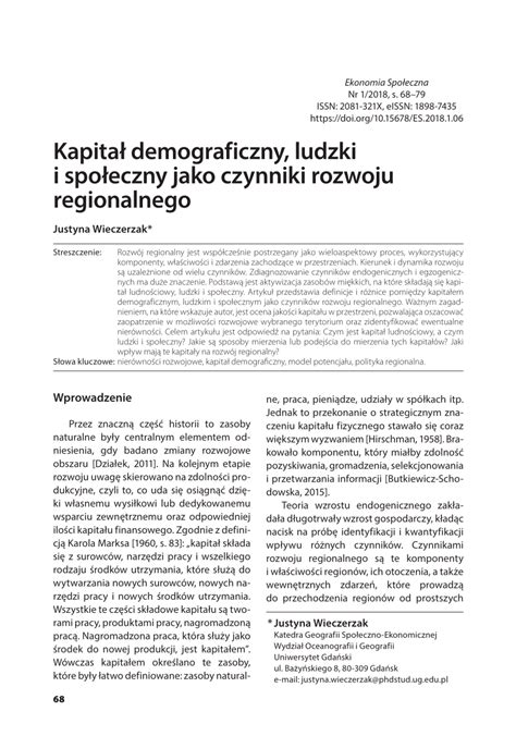 Pdf Kapita Demograficzny Ludzki I Spo Eczny Jako Czynniki Rozwoju