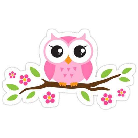 Cute Pink Cartoon Baby Owl Sitting On A Branch With Leaves And Flowers