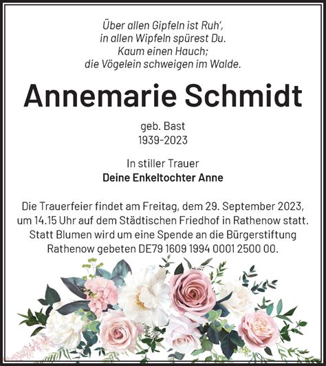 Traueranzeigen Von Annemarie Schmidt M Rkische Onlinezeitung Trauerportal