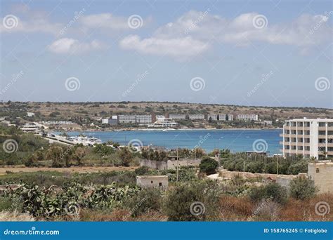 Mellieha Bay with Hotels and Blue Ocean. Editorial Image - Image of landscape, city: 158765245